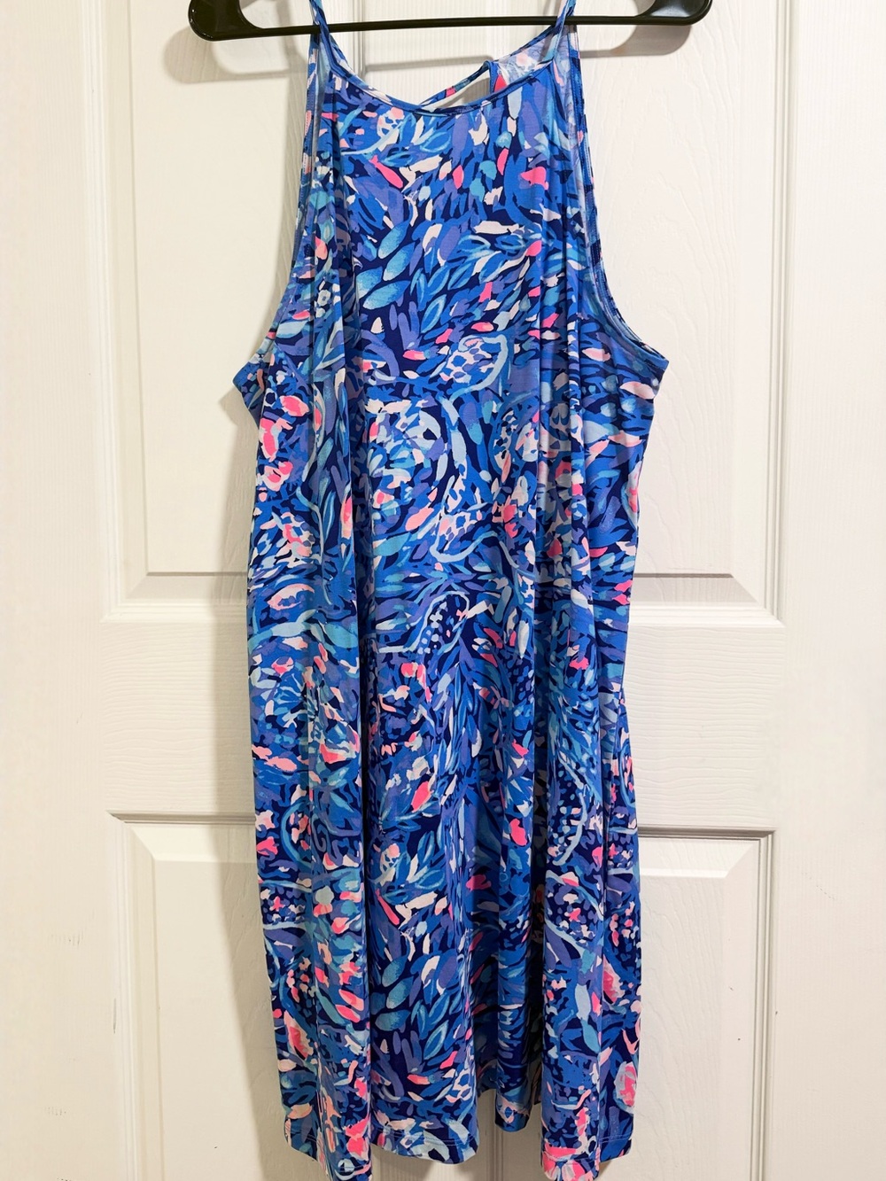 Lilly Pulitzer Kimi Swing Dress XL Blue Pink Sea Turtle Tassel Back Sundress